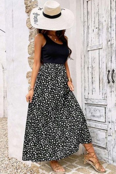 Mossta Thick Strap Top Viscose Bottom Patterned Wrap Dress - Black