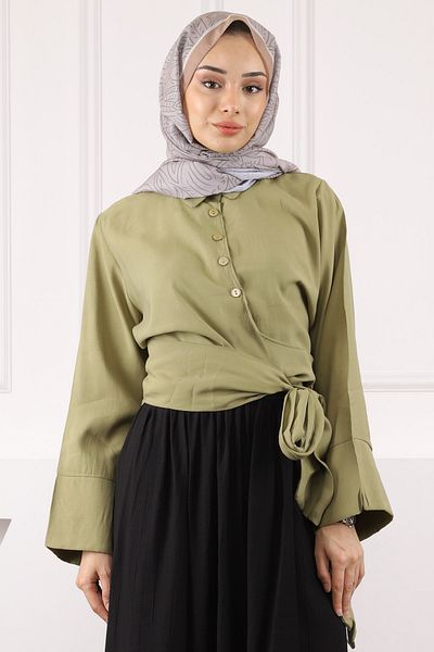 İmajButik Πουκάμισο Modal με δεμένη μέση χακί