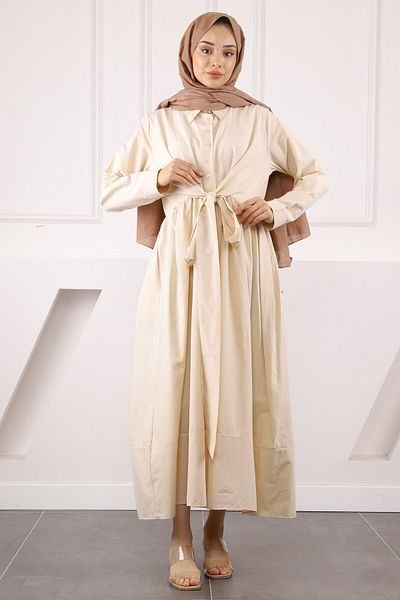 İmajButik Φόρεμα μπεζ με ζώνη μέσης