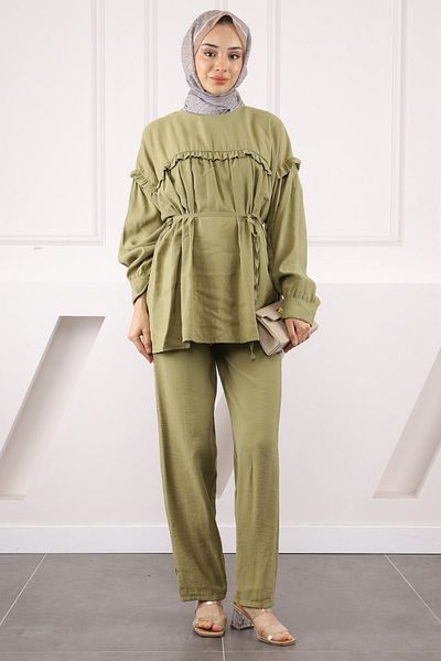 İmajButik Σετ Modal με Χακί Παντελόνι με κορδόνι μέσης