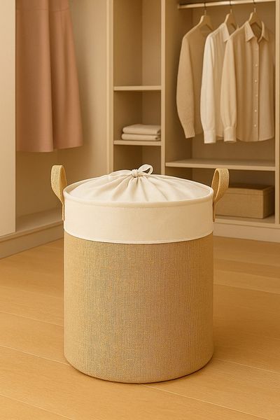 PRENDİ HOME Jute Waterproof Drawstring Folding Dirty Laundry Closet Toy Storage Basket 37X40