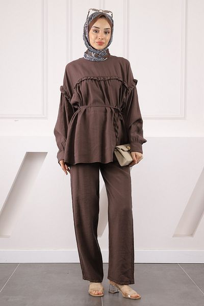 İmajButik Σετ Modal με καφέ παντελόνι με κορδόνι μέσης
