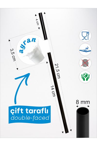 Home Ayran Flag Straw 21.5 cm Black Straw, 8mm Thickness, 20 Pieces