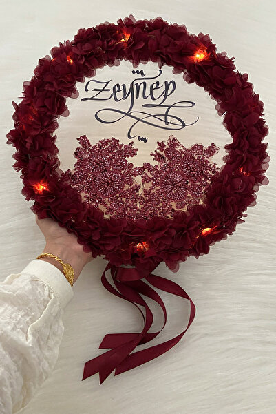 ZEYMERADE Bordo Ledli Şeffaf Kaligrafi Gelin Tefi 32cm Vip Güpürlü Ve 3d Çiçek Düğün Kına Nedime Bride Parti