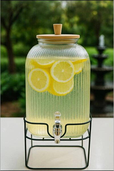 ALLEGRI Çizgili Cam Sebil Damacana Şerbetlik Bambu Kapaklı Ferforje Ayaklı 5 ...