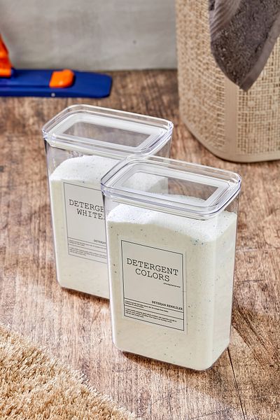 MODA OZY Set of 2 Detergent Dispensers White and Colorful Detergent Storage Container with Labels 2900 ml