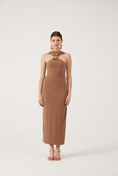 HOLLY LOLLY Long Jana Dress with Neck Accessory Brown