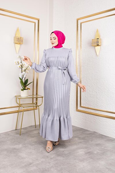 HARMAN BUTİK Γυναικείο βολάν με λεπτομέρεια γκρι λινό φόρεμα με ζώνη