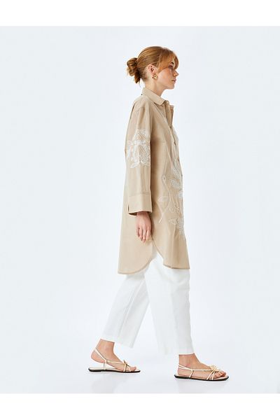 Koton Cotton Floral Embroidery Detailed Shirt Collar Long Oversize Tunic