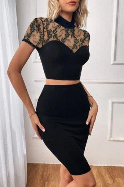 Mossta Turtleneck Strapless Crepe Crop and Skirt Two-Piece Set - Black