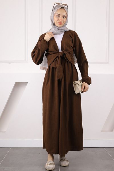 İmajButik Καφέ Σετ Μπλούζα με Πλαϊνή Δεμένη Φούστα