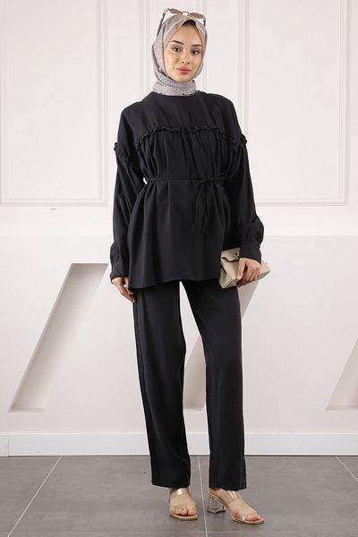İmajButik Black Drawstring Waist Tunic Pants Modal Suit