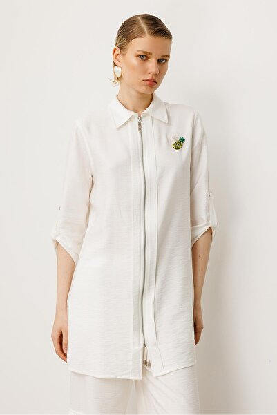Moda İlgi Modailgi Fermuar Kapamalı Aksesuar Detaylı Safari Kol Tunik Ekru