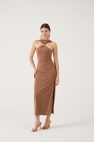 HOLLY LOLLY Long Jana Dress with Neck Accessory Brown