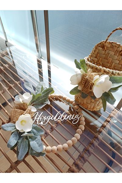 Okaliptus Tasarım Welcome Magnolia Door Decor Wooden Beaded Home Gift