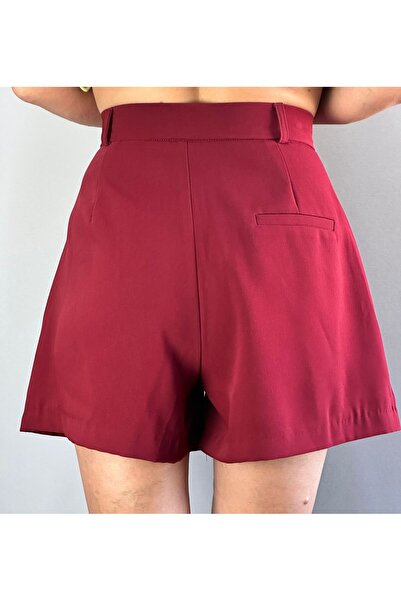 Gönülden Tasarım Bordo Pleated High Waist Women's Viscose Pocket Shorts