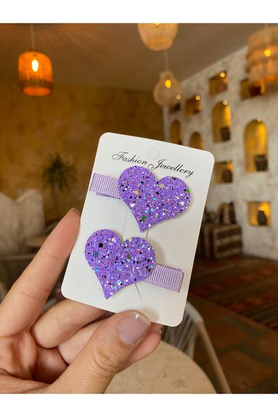 Little Sparkle Co. Set de 2 catarame cu inimă cu sclipici liliac