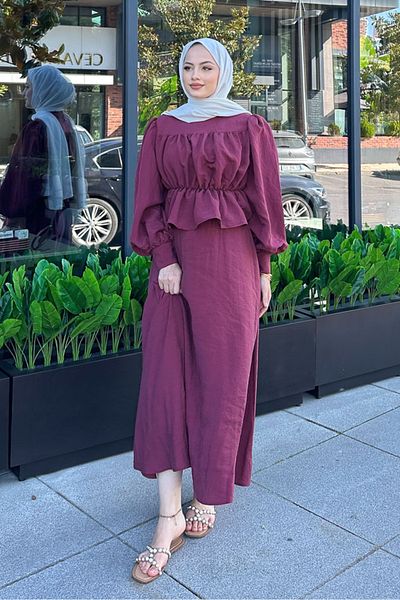 Ovn. Gathered Blouse Skirt Set - Claret Red