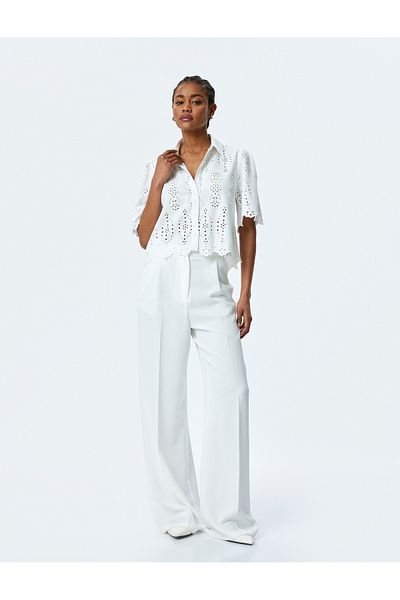 Koton Viscose Cotton Fabric Short Sleeve Crop Scalloped Shirt