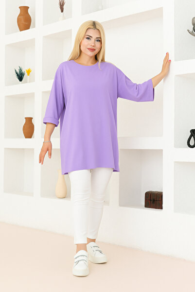 nacar çarşı Kadın Lila Oversize Tunik Tişört – Yarım Kollu, Yuvarlak Yaka, Ra...