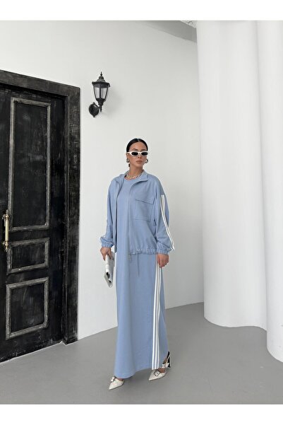 Basicpark Indigo Women's O Oversized Dress with Slit Detail at the Hem and Zipper Closure with Pockets and Elastic Sweat