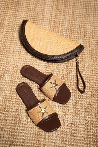 LamintaGlobal Mendez Bitter Brown Starfish Accessory Straw Women's Slippers