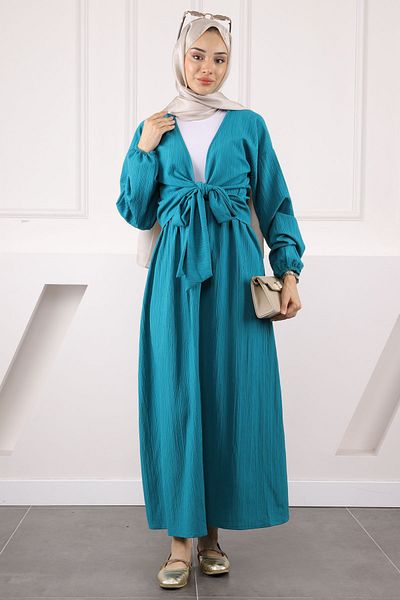 İmajButik Petrol Green Side Tie Blouse Skirt Suit
