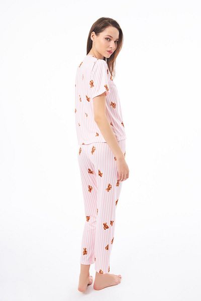 Cottonhill Premium Women's Pajama Set Cream Teddy Bear Patterned Soft Textured Short Sleeve Crew Neck