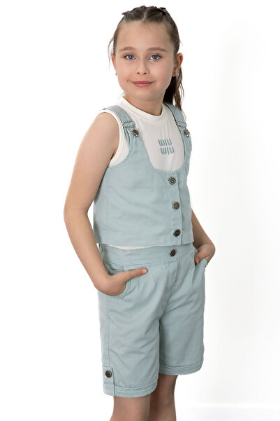 Cansın Mini Mint Green Zero Sleeve Buttoned Vest Girl's 3-Piece Shorts Suit 21037