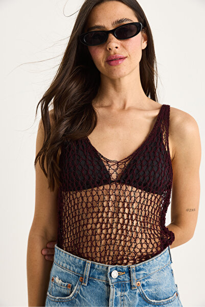 Bianco Lucci Women's Mesh Detail Openwork Knitwear Blouse 20251007