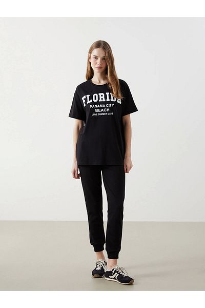 LC Waikiki Tricou de damă XSIDE negru cu decolteu rotund cu imprimeu Florida