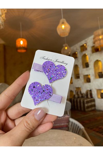 Little Sparkle Co. Set de 2 catarame cu inimă cu sclipici liliac