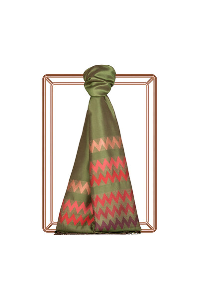 ipekevi Şal de mătase cu model Zig Zag verde otoman roşu