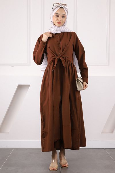 İmajButik Φόρεμα με καφέ ζώνη μέσης