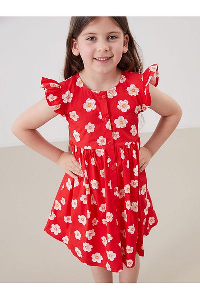 LC Waikiki Girl's 100% Cotton Short Sleeve Flower Patterned Dress