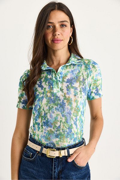 Bianco Lucci Women's Polo Neck Patterned Digital Printed Regular Summer Knitted Blouse 60282016