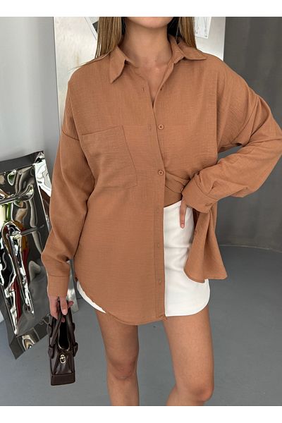 COMBİNE MİCHAİL Women's Caramel Linen Shirt Ayrobin with Pocket
