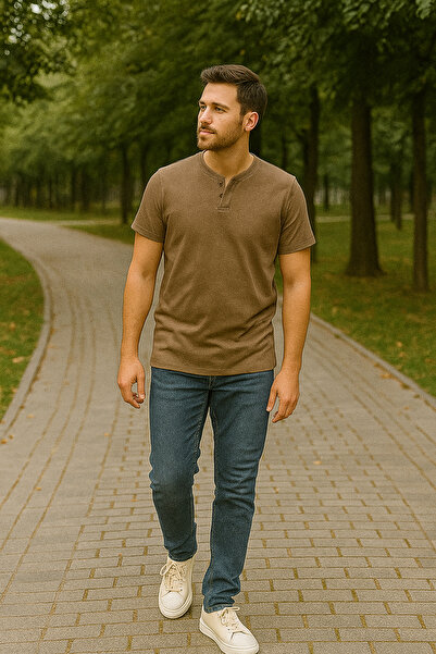 UOMOPARK 2124 Henley T-Shirt Brown Button Detailed Basic Casual t Shirt