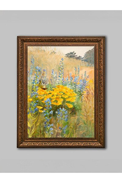 WoodyArts Flori galbene în câmp - Cadru antic maro