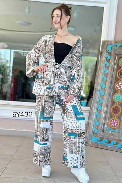 İnce Topuk Crop Kimono Viscose 3 Piece Set 5Y432