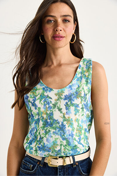 Bianco Lucci Kadın Desenli Kalın Askılı Dijital Baskılı Regular Yazlık Örme Bluz 60282017