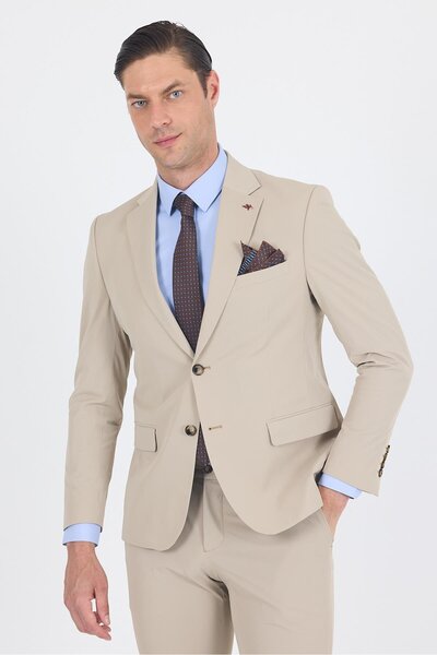 İmza Beige Mono Collar Half Lining 6 Drop Slim Fit Elastic Waist Suit 1001250121