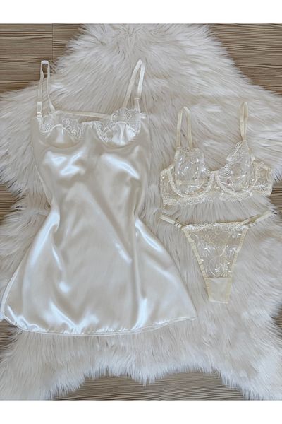Pijamacs White Satin Nightwear and Underwear Bralet Bra Suit Dowry Set