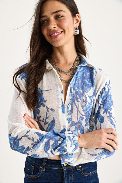 Bianco Lucci Kadın Desenli Dijital Baskılı Regular Yazlık Örme Gömlek 60282014