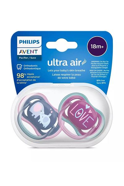 Philips Avent Set 2 suzete Philips-Avent SCF349/22, ultra air 18+ luni, Ortodontice, fara BPA, Love/Elefant