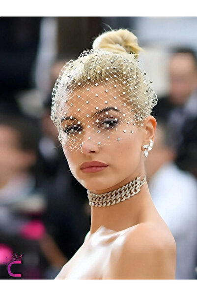 Cinderella Tüllü Zirkon Taşlı İşlemeli Vualet Beyaz Nikah Şapkası - Duvaklı G...