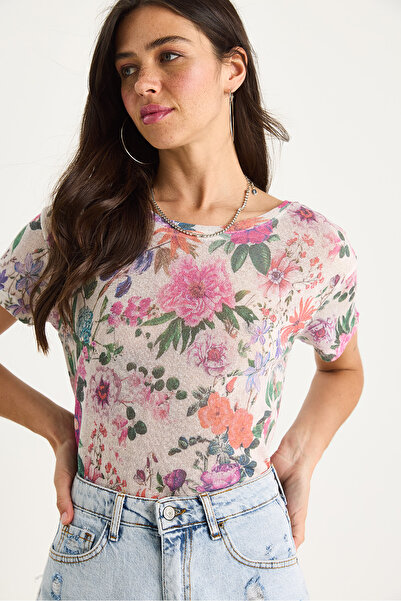 Bianco Lucci Γυναικείο μπλουζάκι με μοτίβο με ψηφιακή εκτύπωση κανονικό καλοκαιρινό πλεκτό μπλουζάκι 60282015