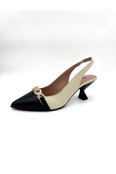 Mariolucci Women's Daily Heeled Shoes Genuine Beige Leather Body (Toe Genuine Black Leather)