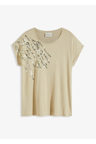 Şans Γυναικεία μπλούζα μεγάλου μεγέθους μπεζ, με παγιέτες, μπλούζα βισκόζης μ...