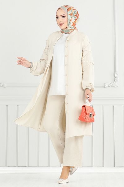 ModaMerve Front Button Aerobin Suit 357Dvl897-M Stone